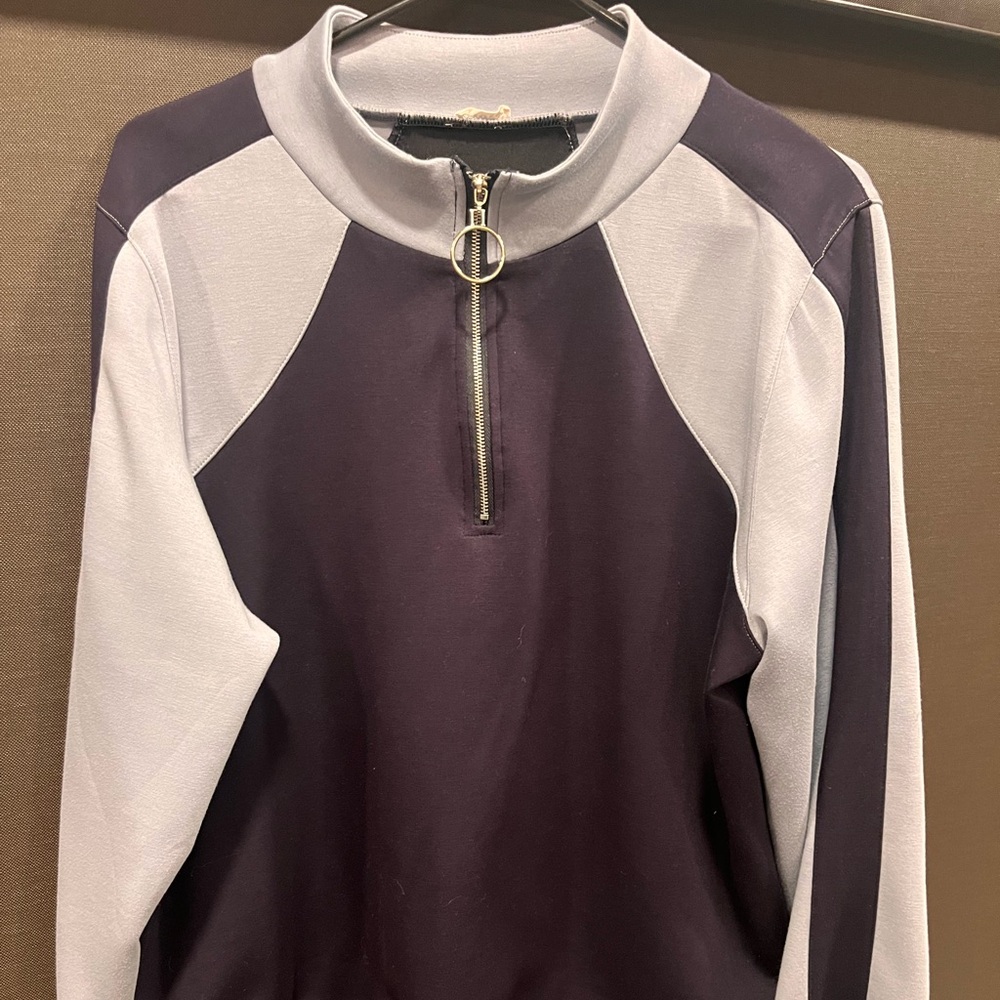 Stylish navy and light blue Quarter-Zip Pullover worn
Twice